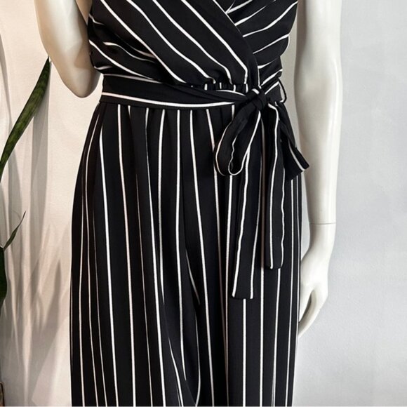 Black  White Crepe Wrap Front Wide Leg Jumpsuit - Picture 3 of 11